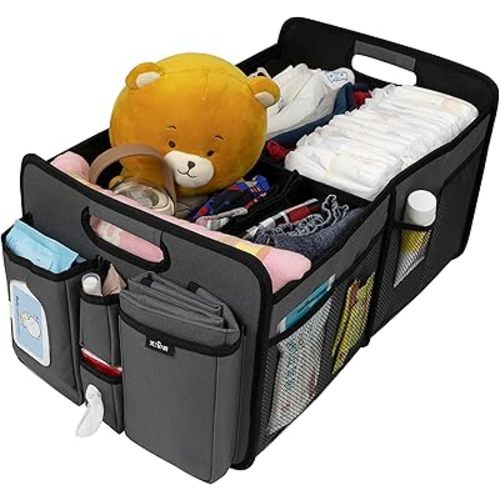 Baby Diaper Caddy Organizer – Baby Caddy with Diaper Changing Mat, Car Diaper Caddy with 3 Compartments, 8 Mesh Pockets & Zipper Pocket – Portable Changing table Organizer for Diapers, Grey