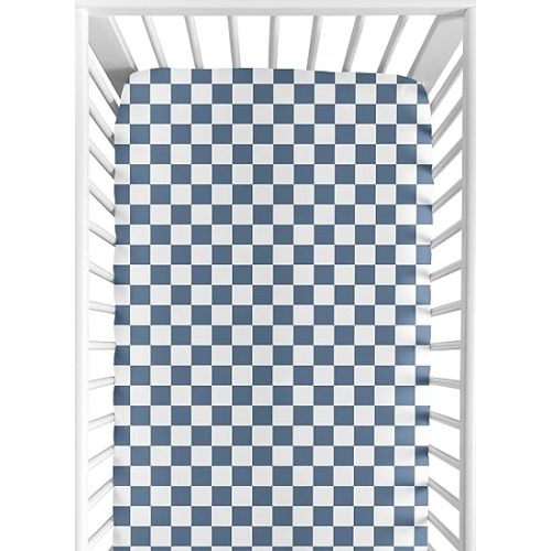 Sweet Jojo Designs Fitted Baby Crib Sheets (Blue and White Gingham Checkered) for Boys, Infant Nursery, Toddler Room - Standard Size (Neutral, Plaid, Vintage, Modern, Check, Geometric, Retro, Slate)