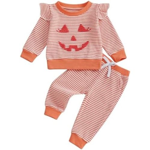 Baby Girl Halloween Outfit Cute Ruffles Waffle Pumpkin Face Sweatshirt Top and Pants Toddler Girl Fall Outfits