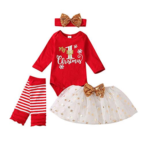 XIFAMNIY Baby Girls My 1st Halloween/Thanksgiving/Christmas Outfit Newborn 4Pcs Pumpkin Bodysuit Headband Legging Socks Set