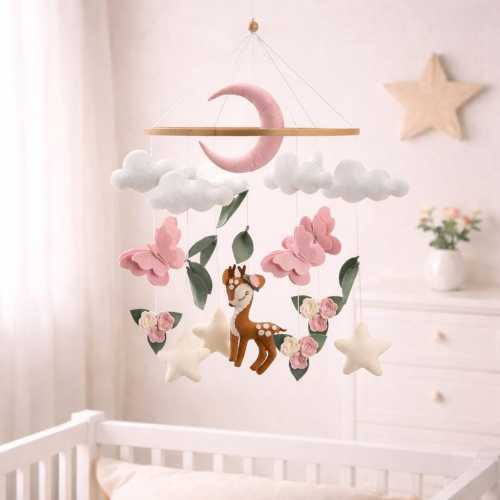 Handmade Felt Baby Crib Mobile – Deer, Moon & Clouds Nursery Decor