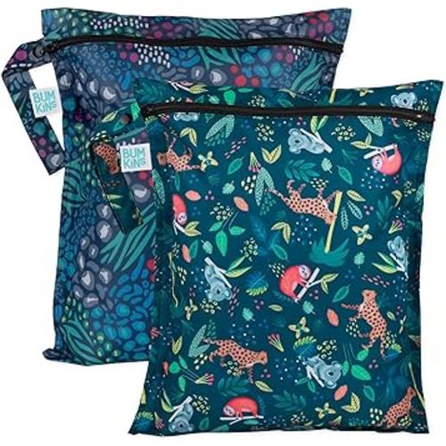 Bumkins Waterproof Wet Bag for Baby, Travel, Swim Suit, Cloth Diapers, Pump Parts, Pool, Beach, Gym Clothes, Toiletry, Hook to Stroller, Daycare, Zipper Reusable Wetdry Packing, 2-pk Jungle and Animal