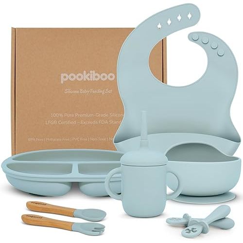 Silicone Baby Feeding Set - 100% Pure LFGB Premium Silicone - 8 Piece Feeding Set: Bib, Straw Cup, Suction Plate & Bowl, Fork & Spoon, Self-Feeding Spoons - BPA-Free, BPS-Free (BLUE)