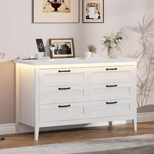 GarveeLife 6 Drawer Dresser with Charging Station & LED Lights, 47.3" Wide Wood Dresser for Bedroom, Modern Farmhouse Chest of Drawers, Metal Slides, Anti-Tip Kit, White