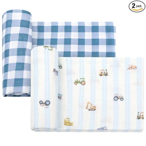 LifeTree Baby Swaddle Blankets, Boys Girls Muslin Swaddling Wrap Receiving Blanket for Newborn, 70% Viscose from Bamboo and 30% Cotton, Large 47" x 47", Car and Checkered