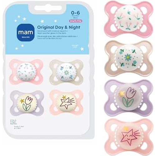 MAM Original Baby Pacifiers 0-6 Months, Glows in The Dark, 4 Pack | For Newborn Babies, BPA-Free Skin Soft Silicone Nipple, Developed With Medical Experts, Easy to Clean, Made In Europe