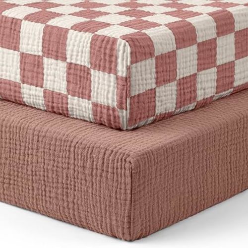 Blissful Diary Muslin Crib Sheets for Girl Boy, Boho Neutral Soft Cotton Baby Sheet for 52''x28'' Standard Crib Mattress, 2 Pack(Dusty Pink Checkboard & Dusty Pink)