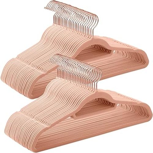 SONGMICS Velvet Hangers, Set of 50 Clothes Hanger with Rose Gold Swivel Hook, Non-Slip, and Space-Saving, 0.2-Inch Thick, 17.1-Inch Long for Coat, Shirt, Dress, Pants, Tie, Coral Pink UCRF21PK50