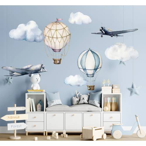 (XL Size) Airplane and Hot Air Balloon Wall Decals, Kids Nursery Art