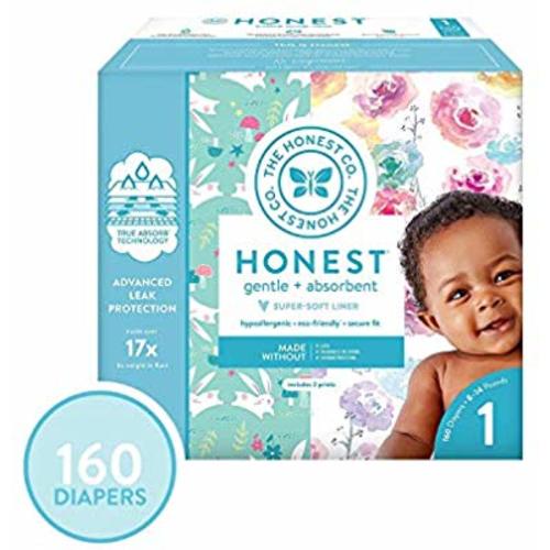The Honest Company Super Club Box Diapers with TrueAbsorb Technology, Rose Blossom & Bunnies, Size 1, 160 Count