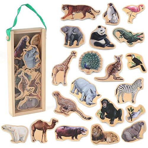 Refrigerator Magnets for Kids - Zoo Animal Fridge Magnets for Toddlers - Wooden Magnetic Toys for Baby Kids' Developmental Learning