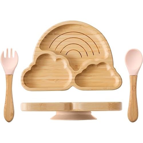 Bamboo Suction Plate for Baby Kid Toddler Plate Spoon Fork Set with Removable Silicone Suction All-Natural Baby Feeding Set for Baby-Led Weaning Fits Feeding High Chair Table