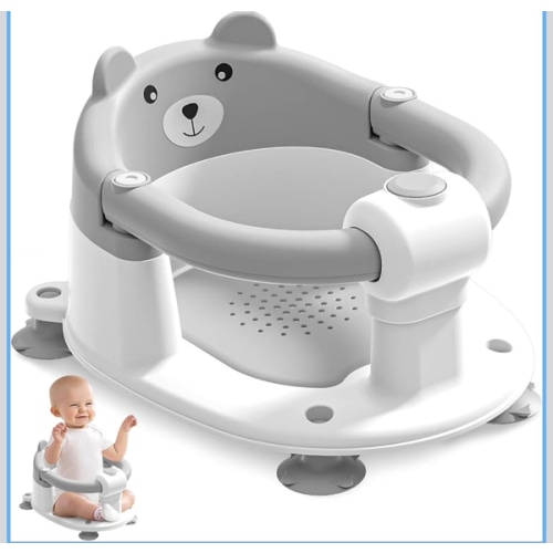 Baby Bath Seat for Babies 6 Months & up, Non-Slip Toddler Bath Seats for Babies Sitting Up, Safe Infant & Newborn Bathtub Chair with 4 Suction Cups & Soft Cushion for Shower,Gray