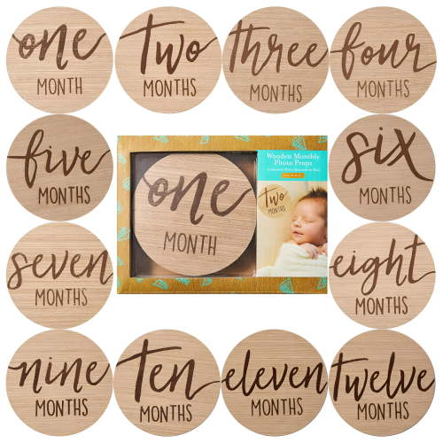 CCOCC Baby Monthly Milestone Marker Discs-Classic Cursive Script Wooden Discs with Reversible Photo Props for Baby Announcement and Milestones,Gender-Neutral Gift for Newborn Boy and Girl