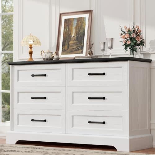 YESHOMY Dresser for Bedroom, Farmhouse 6 Drawers Dressers, White and Black | 47.2" Chest of Drawers, Multi-Tier Clothing Storage, Metal Handles, Anti-Tip, Wide Tabletop