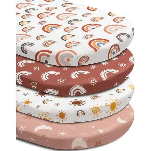 Jola's House 4 Pack Boho Bassinet Sheets - Sunshine & Rainbow Design - Neutral Unisex - Fitted Baby Bassinet Sheets