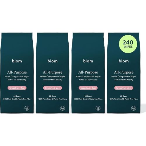 Biom All-Purpose Cleaning Wipes Refill (4pk x 60ct Each) - Biodegradable, All Natural, Plant-Based, Non-Toxic Wipes for Home & Travel - Kid & Pet Friendly (Grapefruit)