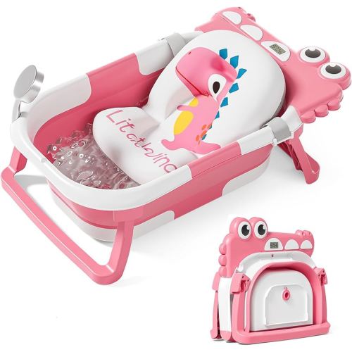 TPN Collapsible Baby Bathtub, Baby Bath Tub with Soft Cushion & Real-Time Thermometer, Baby Bathtub Infant to Toddler Tub (0-36 Months), Portable Travel Baby Tubs for Newborns (Pink)