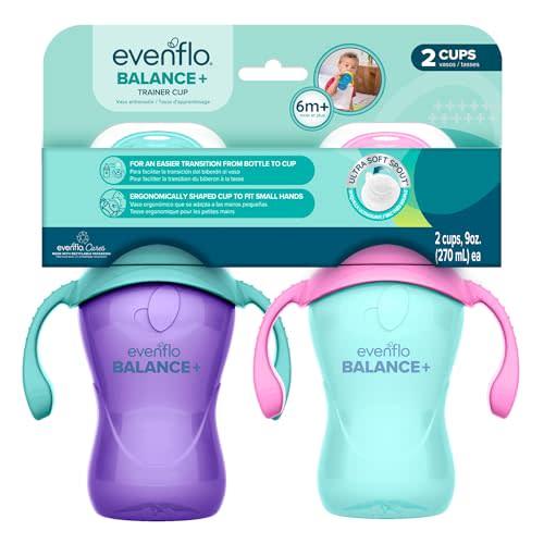 Evenflo Balance+ Trainer Cups for Babies 6+ Months, Purple and Mint, Ergonomic Design with Handles, 9oz, 2 Pack