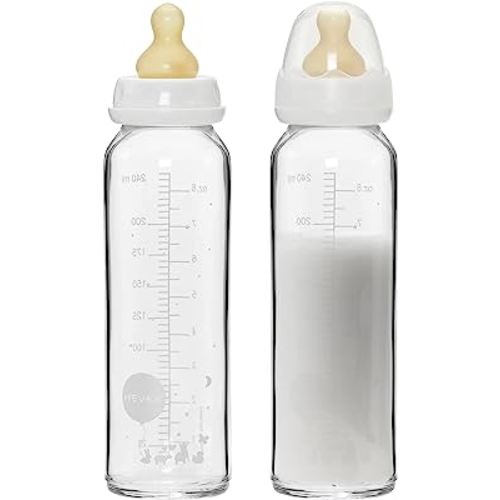 HEVEA Standard Neck Glass Baby Bottles - Natural Rubber Medium Flow Nipples - Anti Colic Baby Bottles for Breastfeeding Babies - 3+ Months - BPA-Free, Two-Pack (8 Oz)