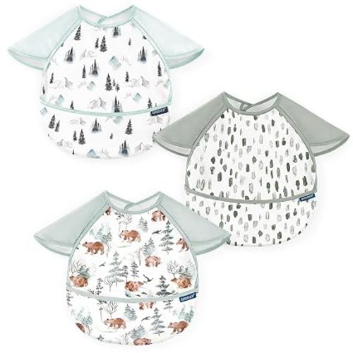 3-pack Mess Proof Baby Feeding Bibs with Food Catcher Pocket, Soft Lightweight Waterproof Fabric Material with Zero Plastic-like Feel, Adjustable and Easy Clean Toddler Bibs for 6-36 Months