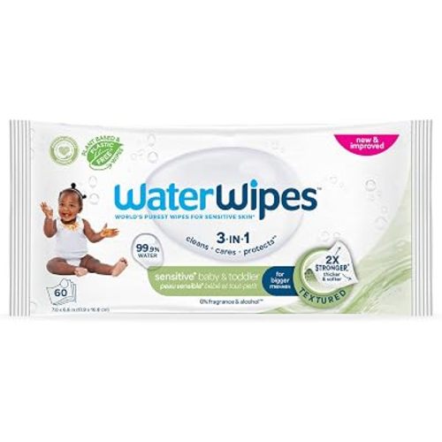 WaterWipes Sensitive+ Baby & Toddler Wipes, 3-In-1 Cleans, Cares, Protects, 99.9% Water, Textured Clean, Unscented & Hypoallergenic, 60 Count (1 Pack)