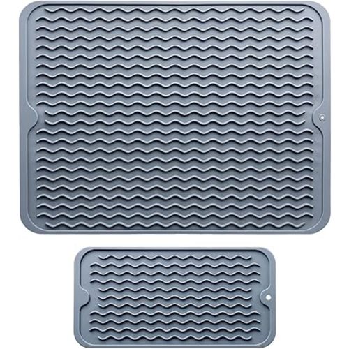 Silicone Dish Drying Mat - 2 Packs of Non-Slip Silicone Mat Easy Clean Drying Mat Large Heat-Resistant Dish Drainer Mat for Kitchen Counter, Sink, Refrigerator or Drawer Liner(16"x12", 12''x 6'' GREY)