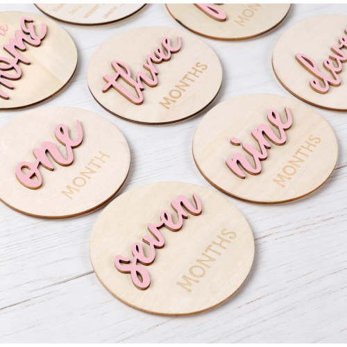 Sinekong Baby Monthly Milestone Markers Disc, Wooden 3D Milestone Cards for Photos, Baby Announcement Sign, 1-12 Months, Pink