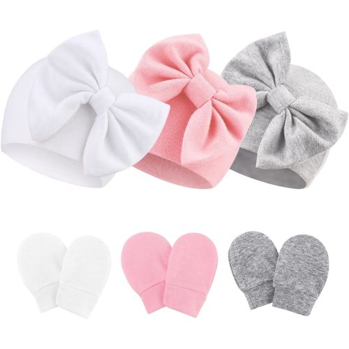 Newborn Baby Hats and Mittens Set Infant Bow Beanie Cap Toddler Gloves Newborn Hospital Hats for Baby Boy Girl 0-12 Months