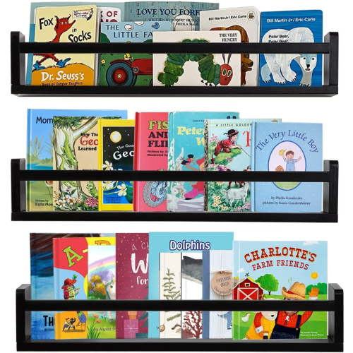 Classic Nursery Book Shelves Black Wooden Floating Shelves Wall Bookshelf for Bathroom Decor Kitchen Spice Rack Organizer Kids Room 24 Inch Set of 3