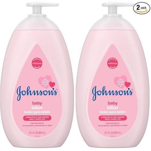 Johnson's Moisturizing Mild Pink Baby Lotion with Coconut Oil for Delicate Baby Skin, Paraben-, Phthalate- & Dye-Free, Hypoallergenic & Dermatologist-Tested, Baby Skin Care, 27.1 Fl. Oz (Pack of 2)