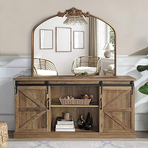 Gold Wall Mirror, Large Arched Vintage Baroque Ornate Mirrors, Traditional Decorative Antique Brass Mirror for Entryway Table, Living Room, Bedroom, Bathroom Vanity, Fireplace (30” x 36”)