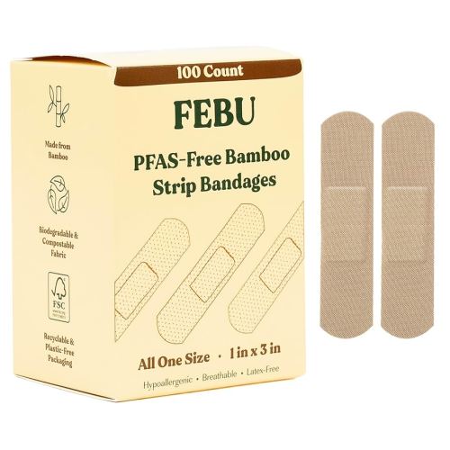 FEBU Bamboo Fabric Bandages | PFAS Free Flexible Fabric Bandages | Latex Free Bandage | Natural Hypoallergenic Bandage for Scrapes, Cuts & First Aid | 1in x 3in | 100 Count Pack