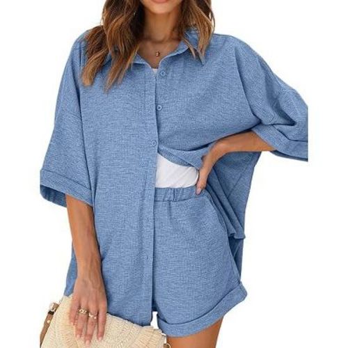 Ekouaer Waffle Knit Lounge Sets for Women Short Sleeve Pajamas Button Down Pjs Oversized Loungewear Shorts Set Lake Blue S