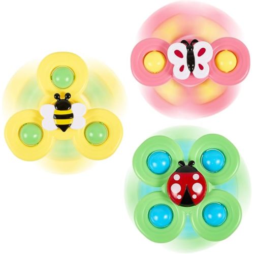 3PCS Suction Cup Spinner Toy, Baby Fidget Spinner Toy Bath Toys for Toddlers 1-3, Sensory Early Education Toy for Airplane Car Table Bathtub Birthday Gift