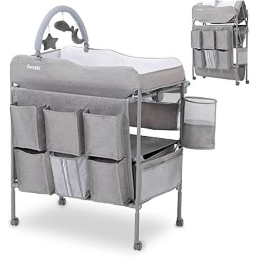 Baby Changing Table, Versatile Portable Folding Changing Table, Waterproof Diaper Changing Station with Waste Basket, Adjustable Height with 2 Drawers, Baby Changing Station for Infant and Newborn