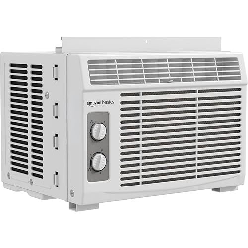 Amazon Basics 5000-BTU Window Air Conditioner with Quiet Operation, Up to 150 Sqf, Cool and Fan Functions, Washable Filter, Adjustable Window Kit, Intuitive Mechanical Controls, for Small Room, White
