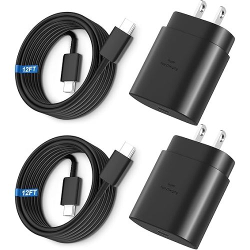 Super Fast Charger Type C, 25W USB C Wall Charger Fast Charging for Samsung Galaxy S25 Ultra/S25/S25+/S24+/S24 Ultra/S24/S24+/S23 Ultra/S22 Ultra/S21 Ultra with 12FT Long Type C Charger Cable 2Pack