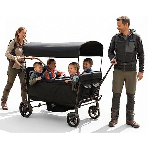 Voupou Stroller Wagon for 4 Kids Seated-Tandem Fold Stroller Push-Pull Lightweight Travel Trolley with 5-Point Harness,Adjustable Handle and Canopy,Mosquito Net,Footwells,Child Tray,Cup Holder,Storage