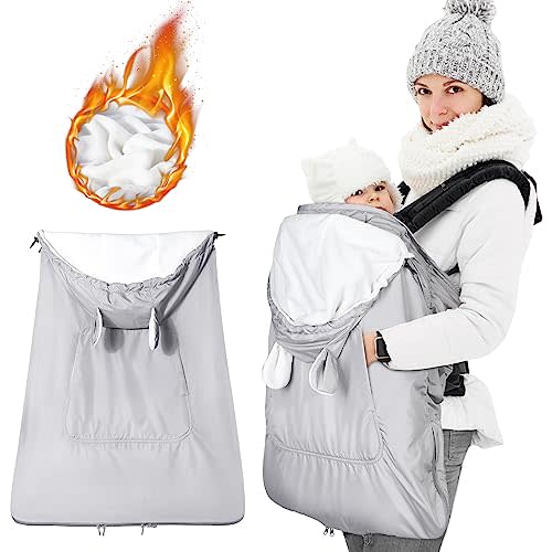 Orzbow Baby Winter Carrier Cover with Detachable Hood, Waterproof & Windproof, with Big Pockets, Universal Fit for Baby Carriers and Waist Stool | with Storage Bag, Light Grey Bear