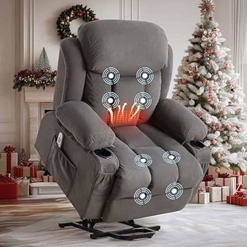 BOSMILLER Power Lift Recliner Chair with Massage and Heat for Elderly, Electric Recliner Single Sofa with Two Cup Holders, Extended Footrest, Side Pocket and USB Charge Port for Living Room