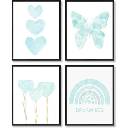 ULEGIE Toddler Girl Room Decor, Blue Girls Room Nursery Dream Big Wall Art Prints Set of 4, Watercolor Pink Butterfly Rainbow Floral Posters Decor for Toddler Baby Room, 8x10 Inch Unframed
