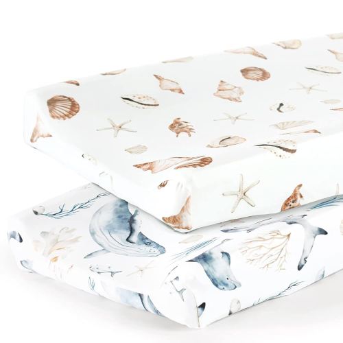 GRSSDER Stretch Ultra Soft Jersey Knit Changing Pad Cover Set 2 Pack,Change Table Pad Covers Fit 32"/34" x 16" Pads Safe and Snug,Stylish Cute Whale Sea Worl for Baby