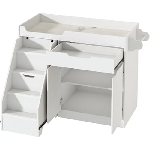 St.Mandyu Baby Changing Table with Drawers & Storage, Diaper Changing Station with Stairs, Toddler Wooden Changing Table with Paper Roller for Daycare & Home, White