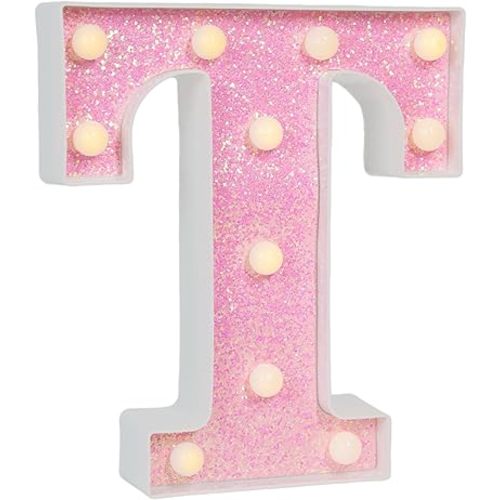Pink Glitter Marquee Light Up Letters, Battery Operated LED Letter Lights Signs for Pink Birthday Party Table Decorations, Wall Decor for Girls Bedroom, Initial Letter T with Warm White Lights