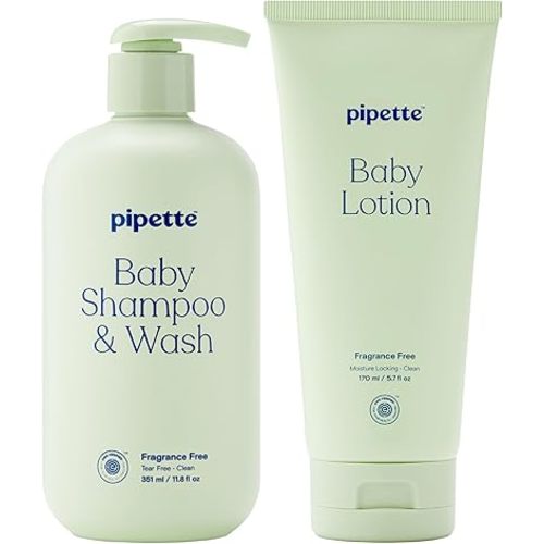 Pipette Fragrance-Free Wash and Lotion Duo, Clean, Tear-Free Bath Time, Sulfate-Free, Paraben-Free, Sensitive Skin Baby Wash and Baby Lotion, Hypoallergenic, Non-Toxic (Pack of 2)