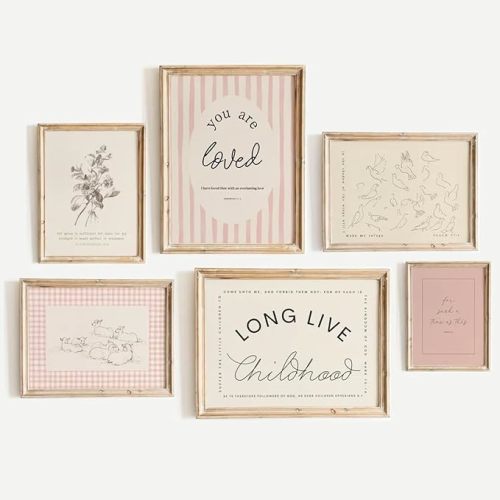 Nursery Christian Wall Art Kids Bible Verse Canvas Poster Girls Vintage Wall Decor Couqette Prints Pink Scripture Wall Art Children Religious Pictures for Classroom 8x10 Inch Unframed Set of 6