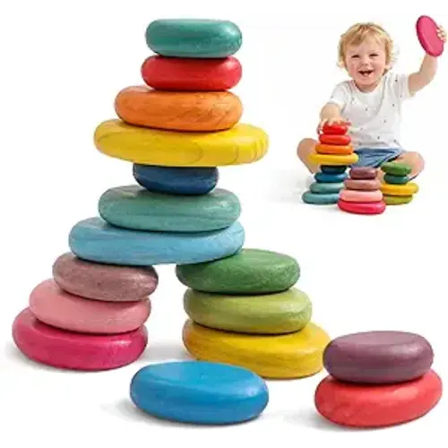 Extra-Large Stacking Rocks for Toddlers 1-3, 16 PCS Wooden Montessori Toys, Safe Smooth Jumbo Balancing Stones for Open-Ended Sensory Play, STEM Building Blocks for Boys & Girls