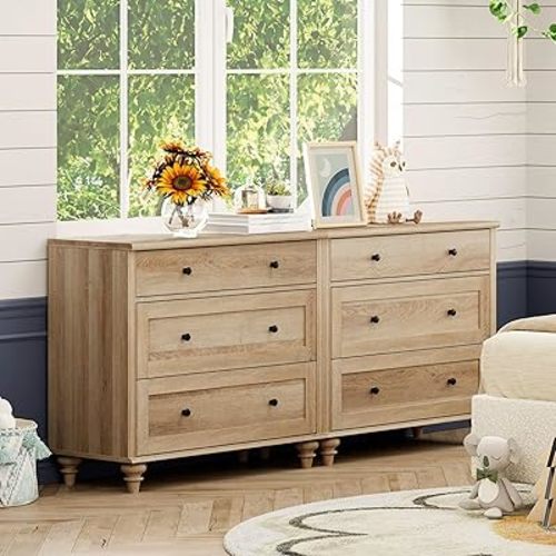 WAMPAT Kids Dresser for Bedroom with 6 Drawers, Oak Baby Dressers with Wide Chest of Drawers, Mid Century Modern Wooden Closet Storage Organizer, Large Wood Dressers for Living Room, Nursery, Hallway