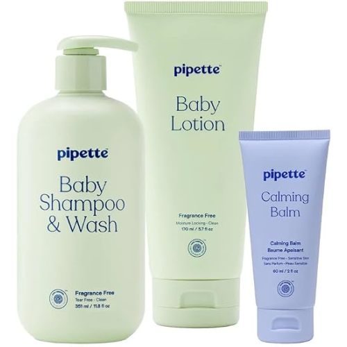 Pipette Fragrance Free Baby Essentials Set, Pack of 3, Includes Calming Balm, Lotion and Shampoo + Wash, Gentle Newborn Skincare for Sensitive Skin